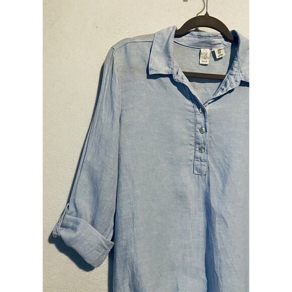 Joie Top Womens Medium Blue Linen Popover Elastic Waist Roll Tab Sleeve Beachy - Picture 5 of 7